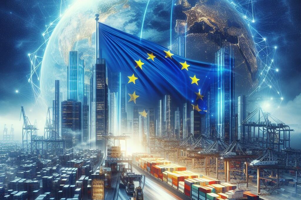 L'immagine generata dall'intelligenza artificiale mostra un porto container con una grande nave container in primo piano. Sullo sfondo ci sono grattacieli, una bandiera dell'UE e un globo che circonda una rete di flussi di dati. L'immagine simboleggia la sostenibilità digitale del commercio estero dell'UE.