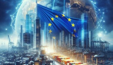 L'immagine generata dall'intelligenza artificiale mostra un porto container con una grande nave container in primo piano. Sullo sfondo ci sono grattacieli, una bandiera dell'UE e un globo che circonda una rete di flussi di dati. L'immagine simboleggia la sostenibilità digitale del commercio estero dell'UE.